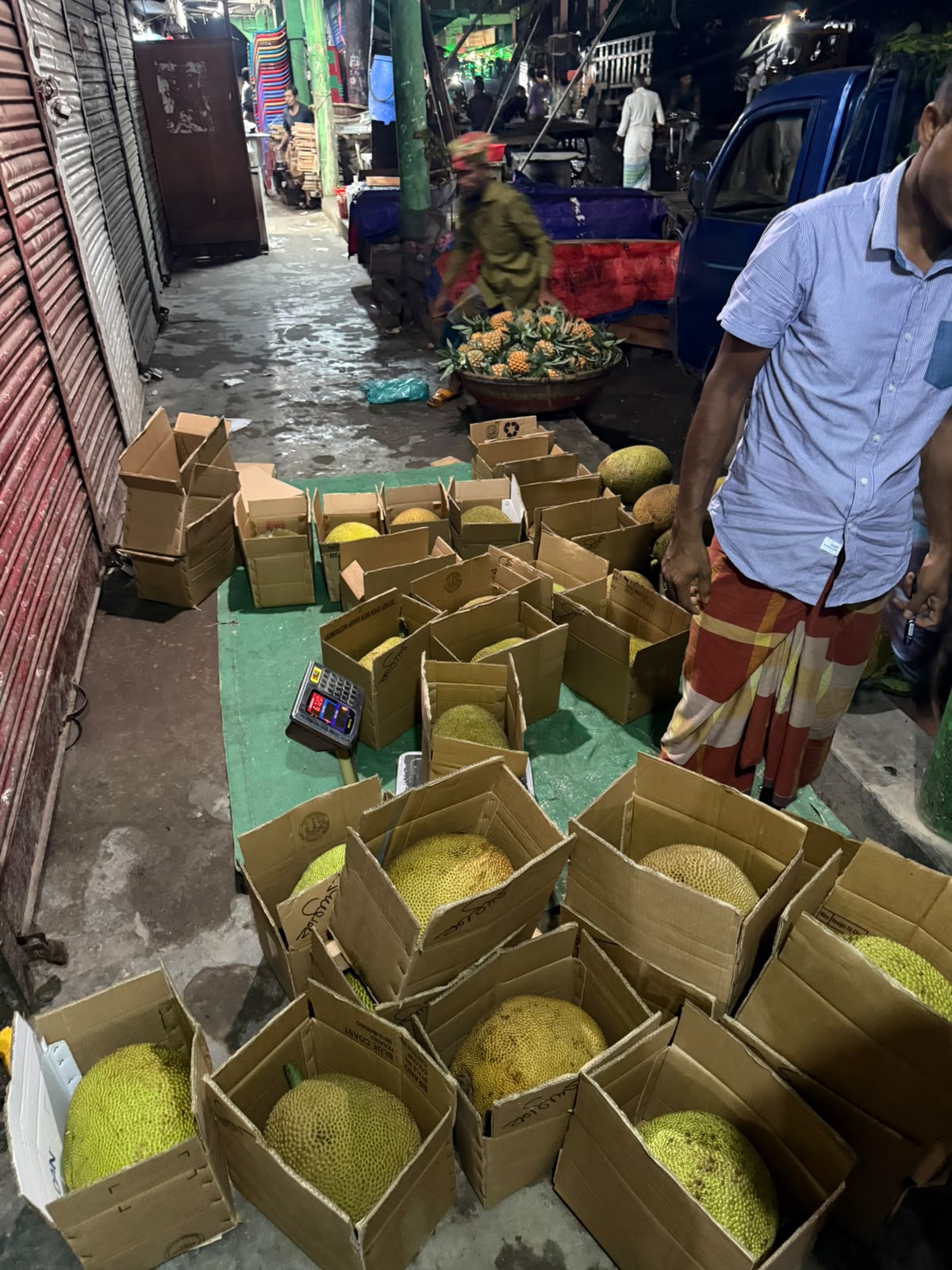 Export-grade jackfruit boxed at a wholesale market