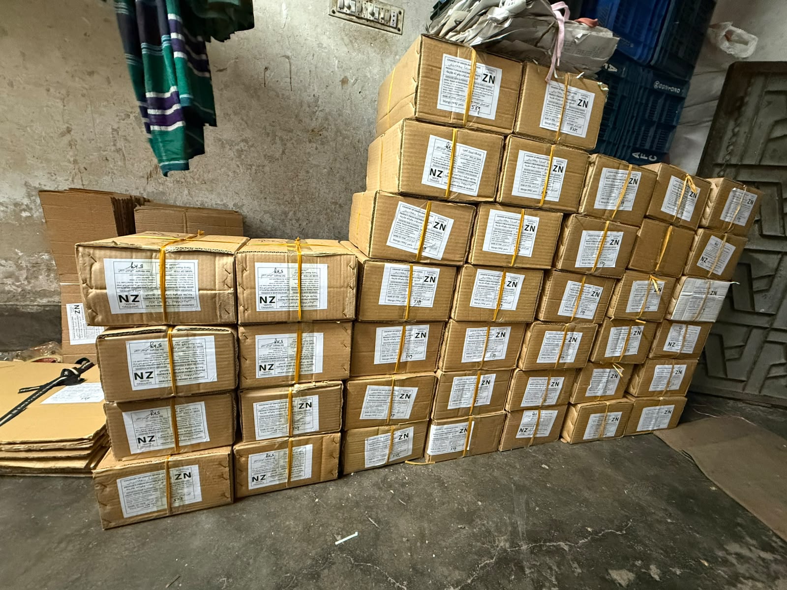 Stacked and labelled Zayin Trade International export cartons of fresh mango